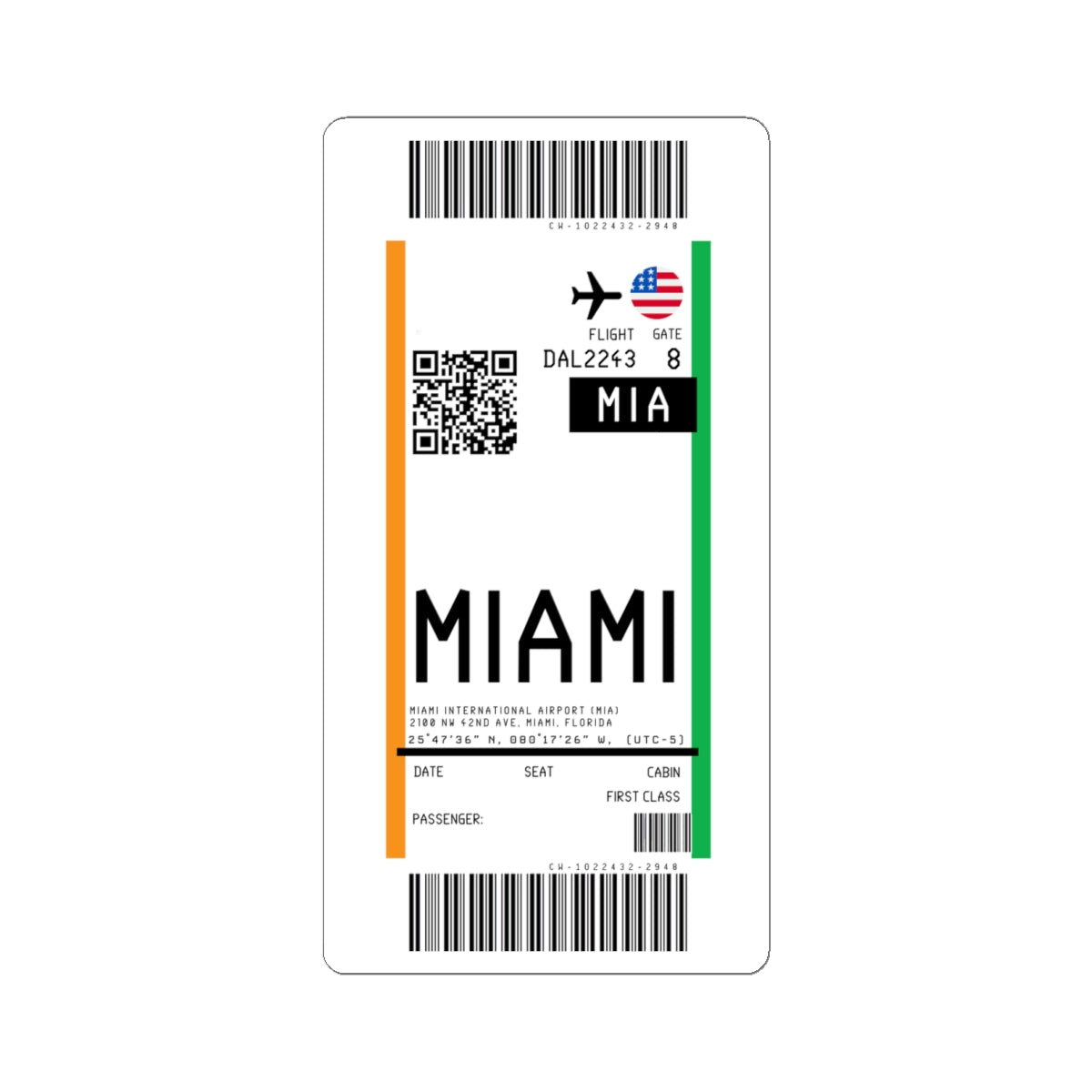 Miami International Airport (LAX) Boarding Pass Sticker — Travel Luggage Decal