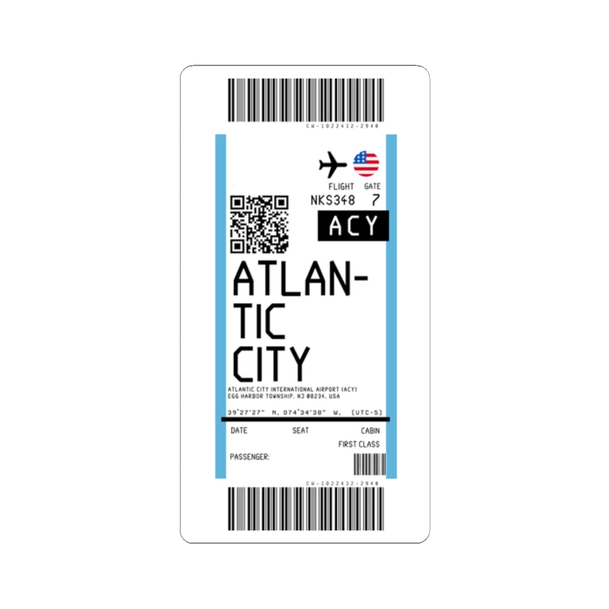 Atlantic City International Airport (ACY) Boarding Pass Sticker — Travel Luggage Decal