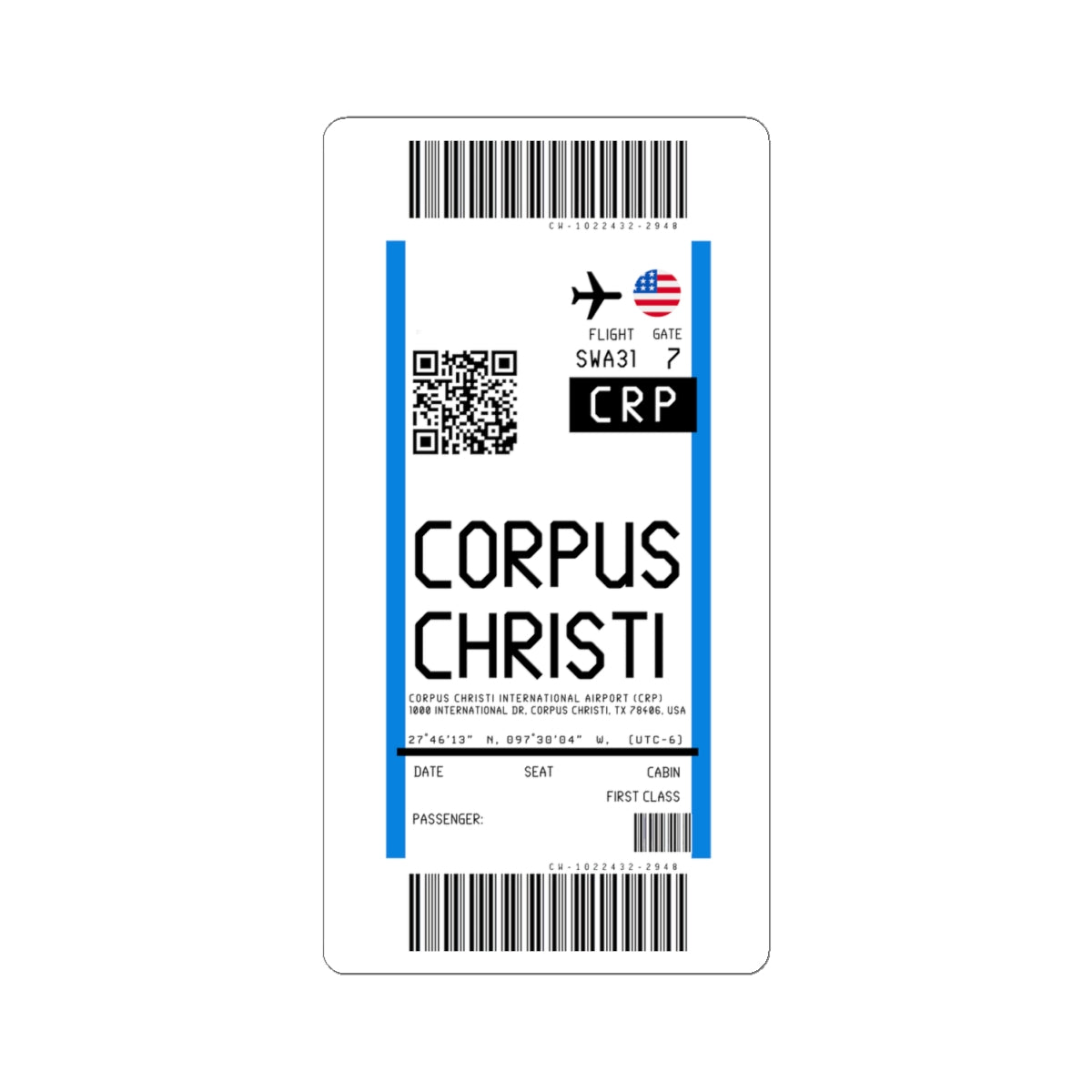 Corpus Christi International Airport (CRP) Boarding Pass Sticker — Travel Luggage Decal
