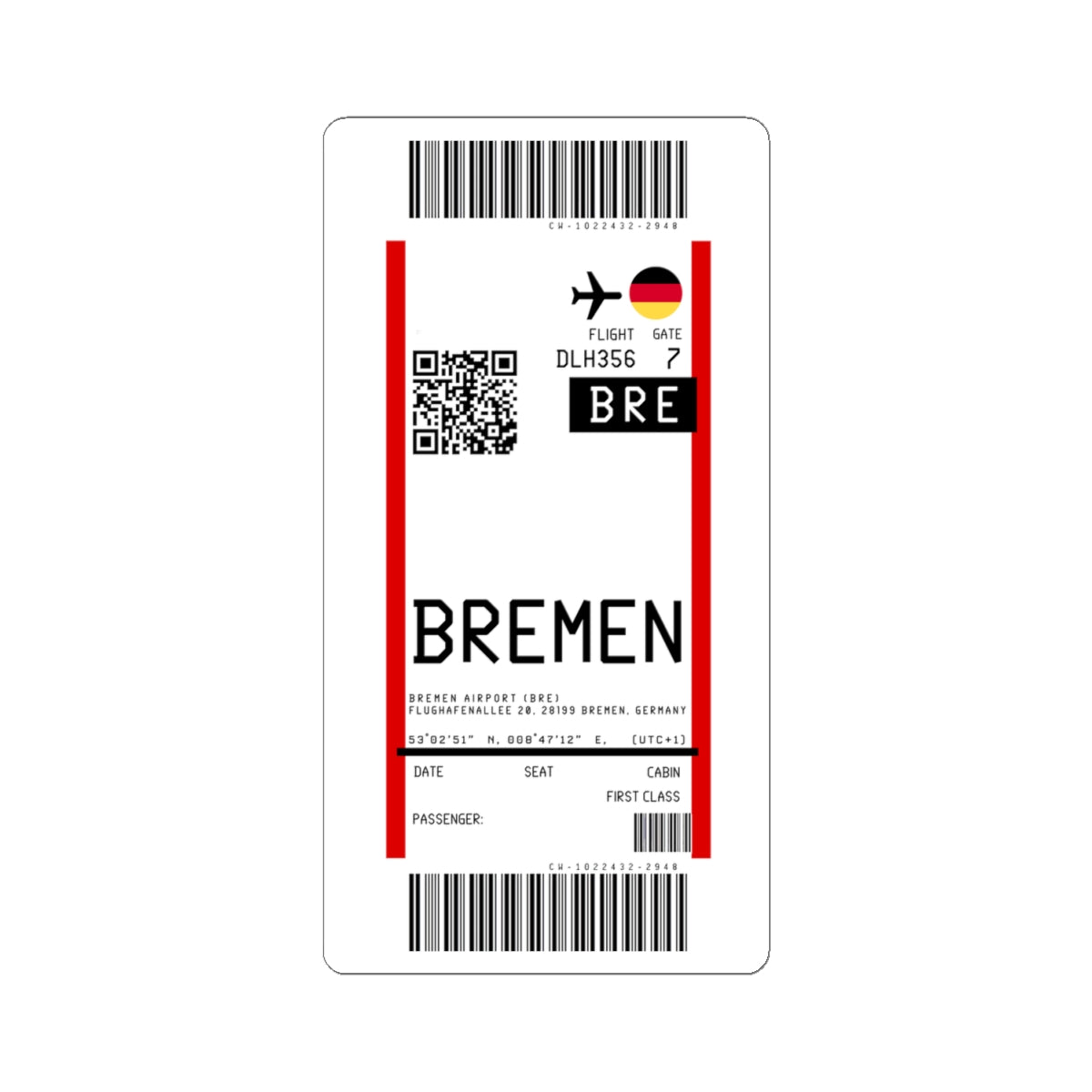 Bremen Airport  (BRE) Boarding Pass Sticker — Travel Luggage Decal