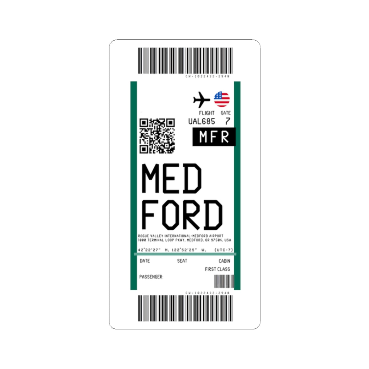 Rogue Valley International Medford Airport (MFR) Boarding Pass Sticker — Travel Luggage Decal