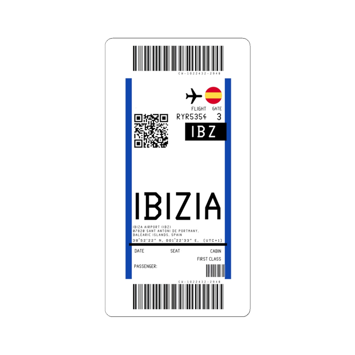 Ibiza Airport (IBZ) Boarding Pass Sticker — Travel Luggage Decal