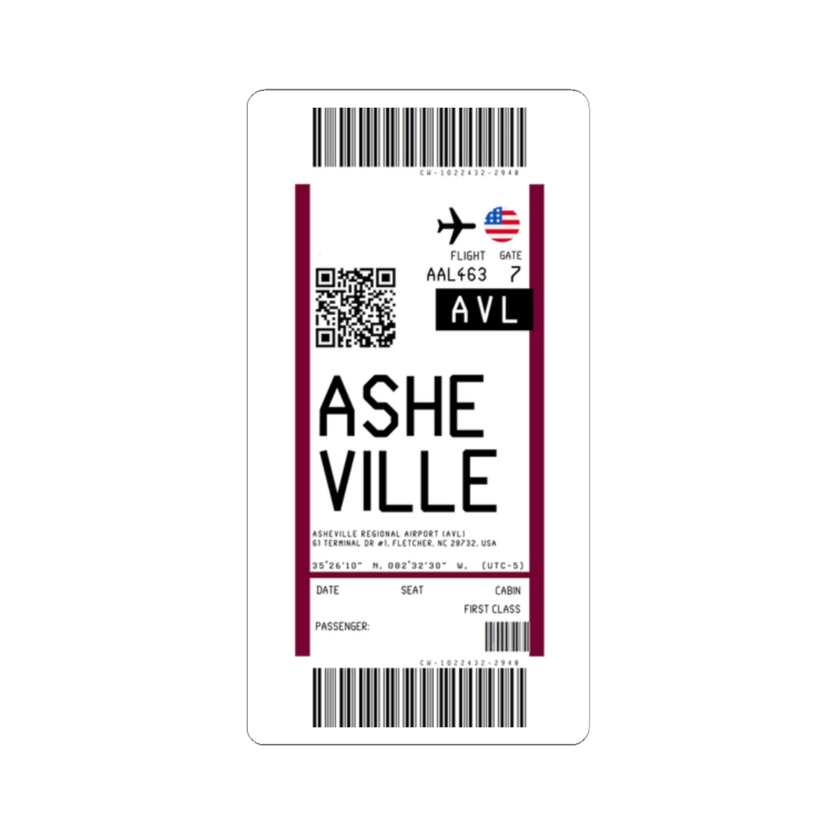 Asheville Regional Airport (AVL) Boarding Pass Sticker — Travel Luggage Decal