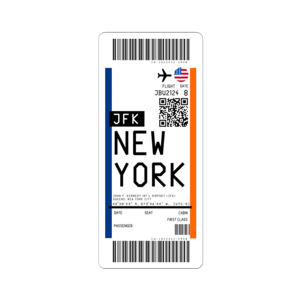 John F. Kennedy International Airport (JFK) Boarding Pass Sticker — Travel Luggage Decal