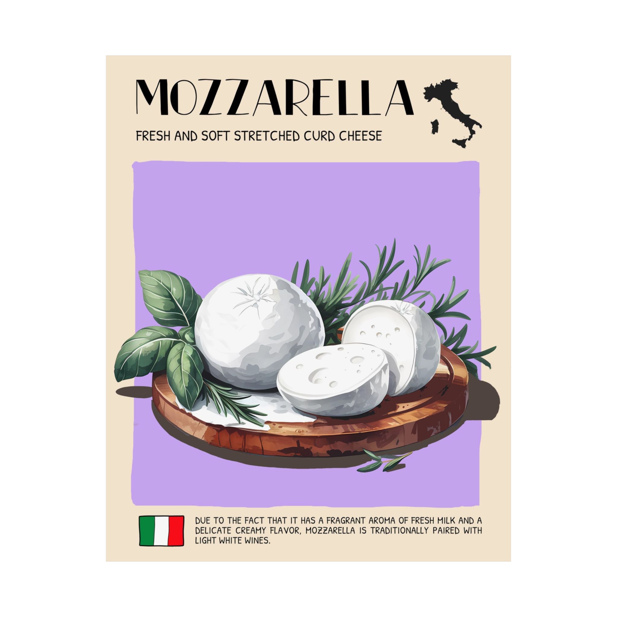 Mozzarella Cheese Poster — Kitchen Art Vertical Matte Print