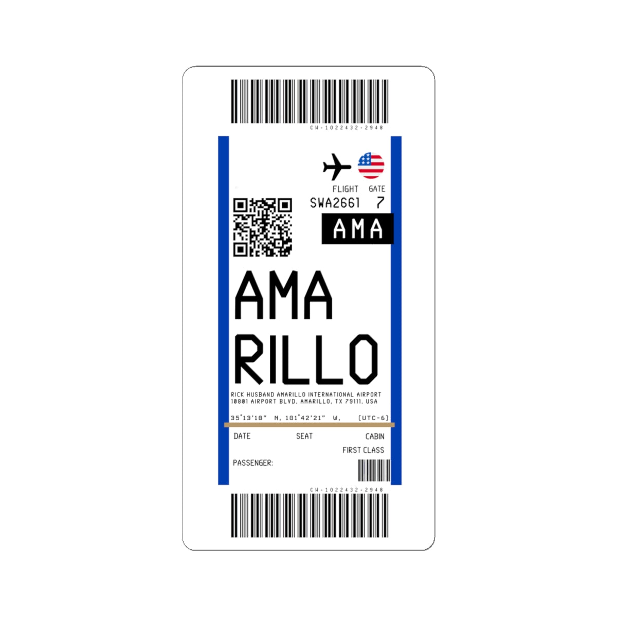 Rick Husband Amarillo International Airport (AMA) Boarding Pass Sticker — Travel Luggage Decal