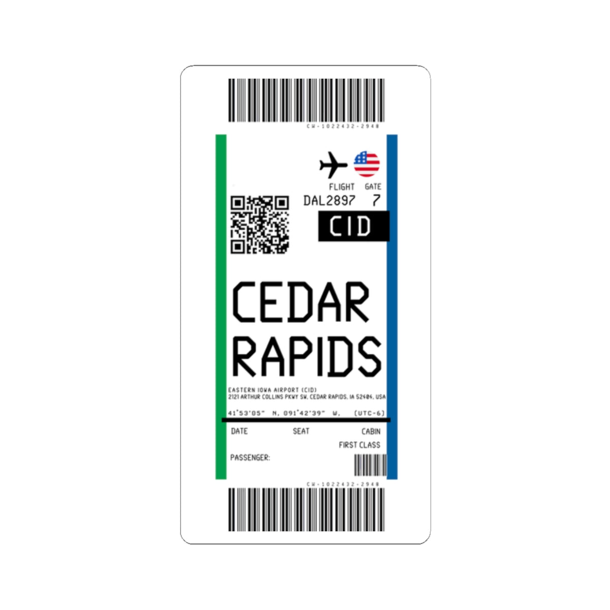 Eastern Iowa Airport (CID) Boarding Pass Sticker — Travel Luggage Decal