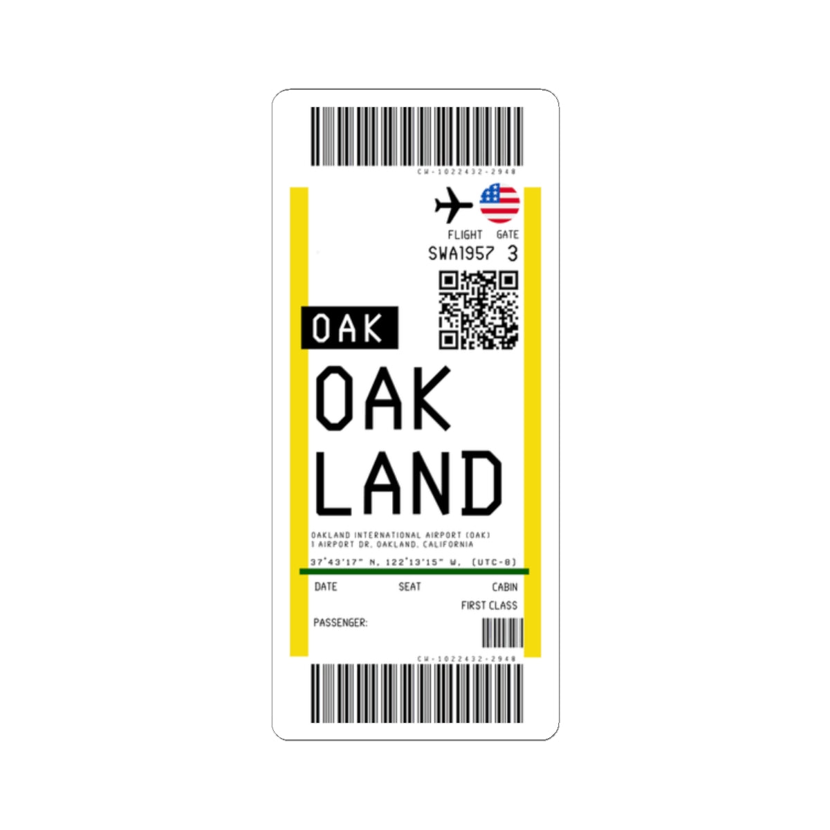 Oakland San Francisco Bay Airport (OAK) Boarding Pass Sticker — Travel Luggage Decal