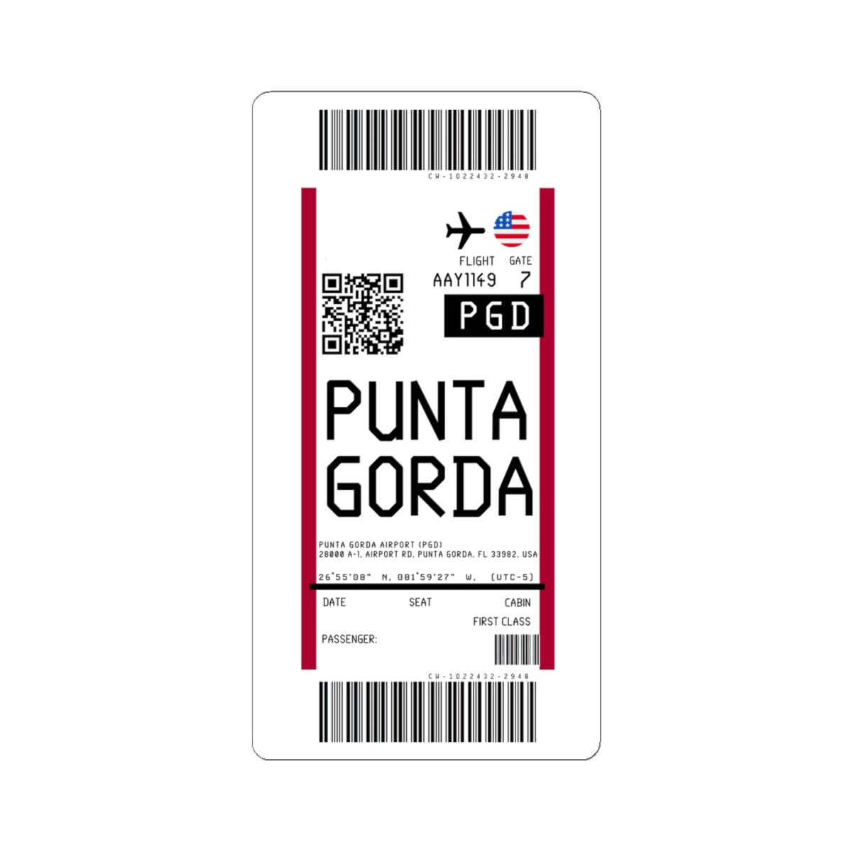 Punta Gorda Airport (PGD) Boarding Pass Sticker — Travel Luggage Decal