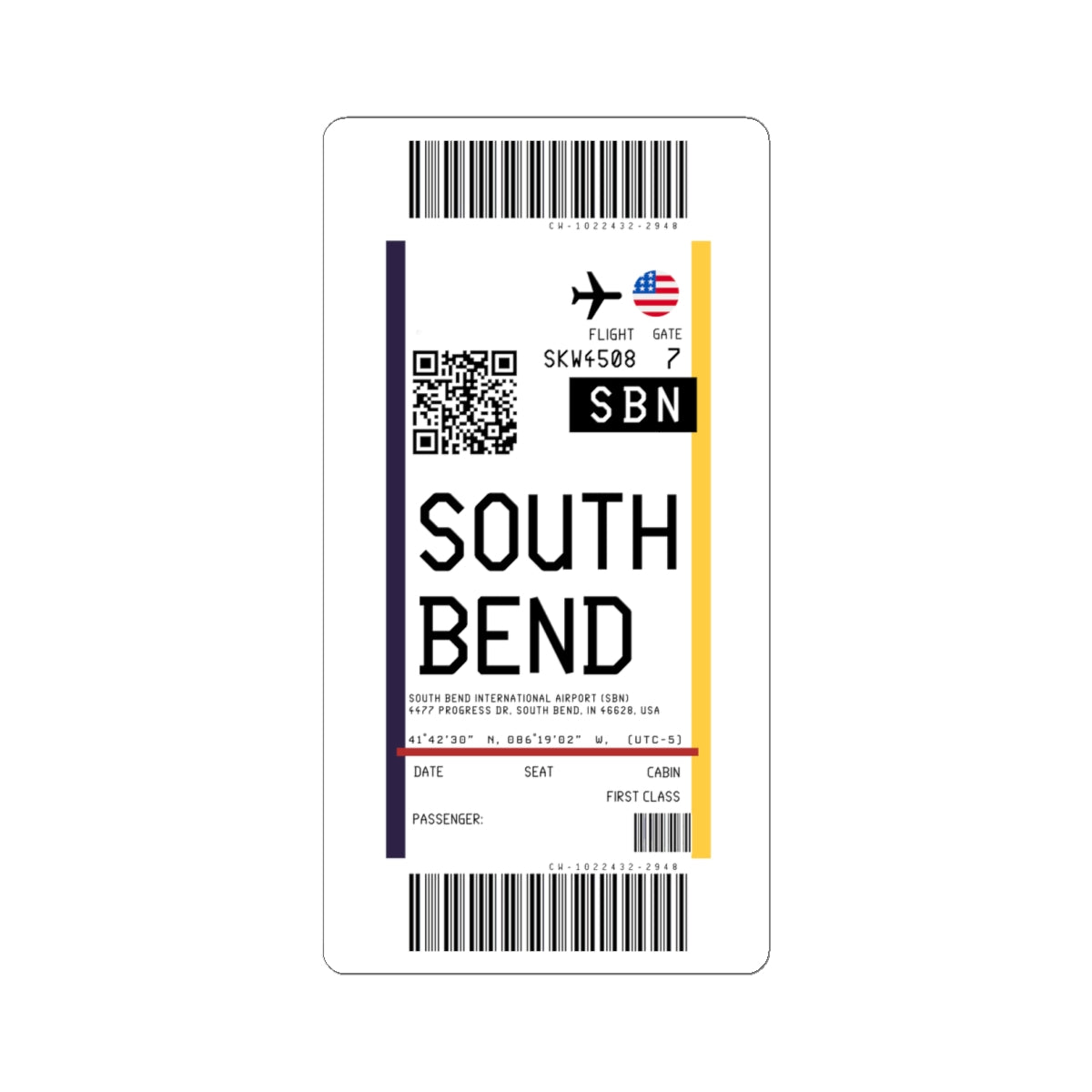 South Bend International Airport (SBN) Boarding Pass Sticker — Travel Luggage Decal