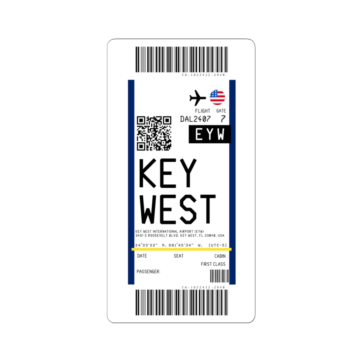 Key West International Airport (EYW) Boarding Pass Sticker — Travel Luggage Decal