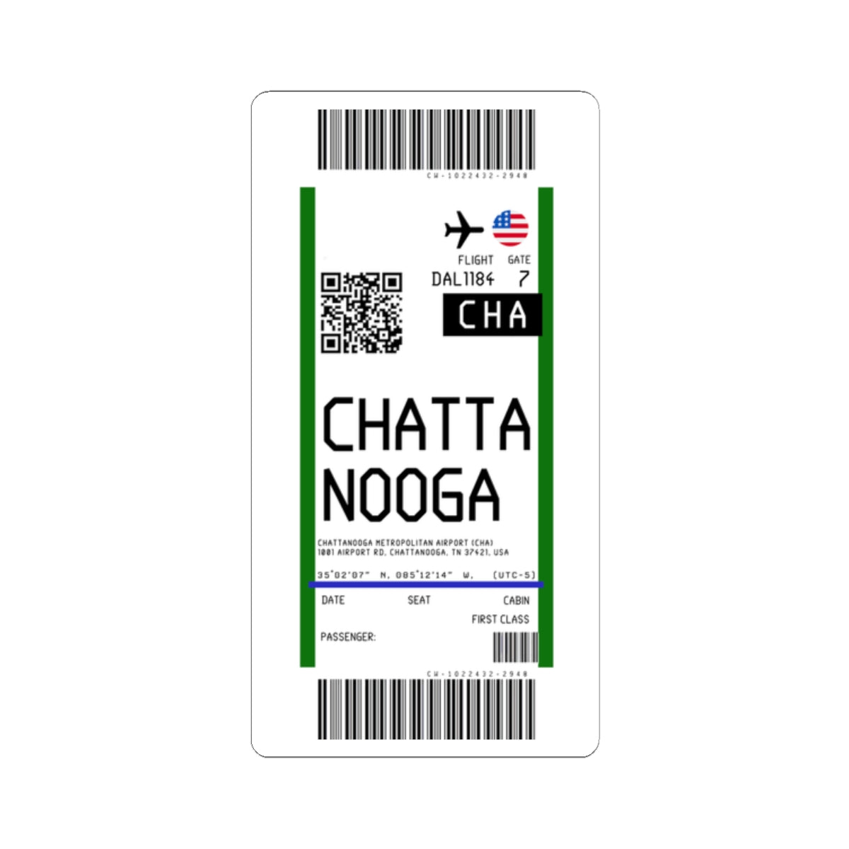 Chattanooga Metropolitan Airport (CHA) Boarding Pass Sticker — Travel Luggage Decal