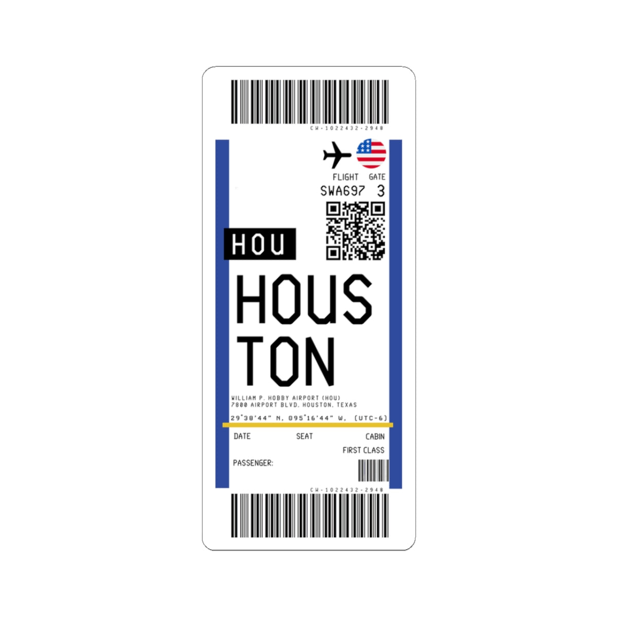 William P. Hobby Airport (HOU) Boarding Pass Sticker — Travel Luggage Decal