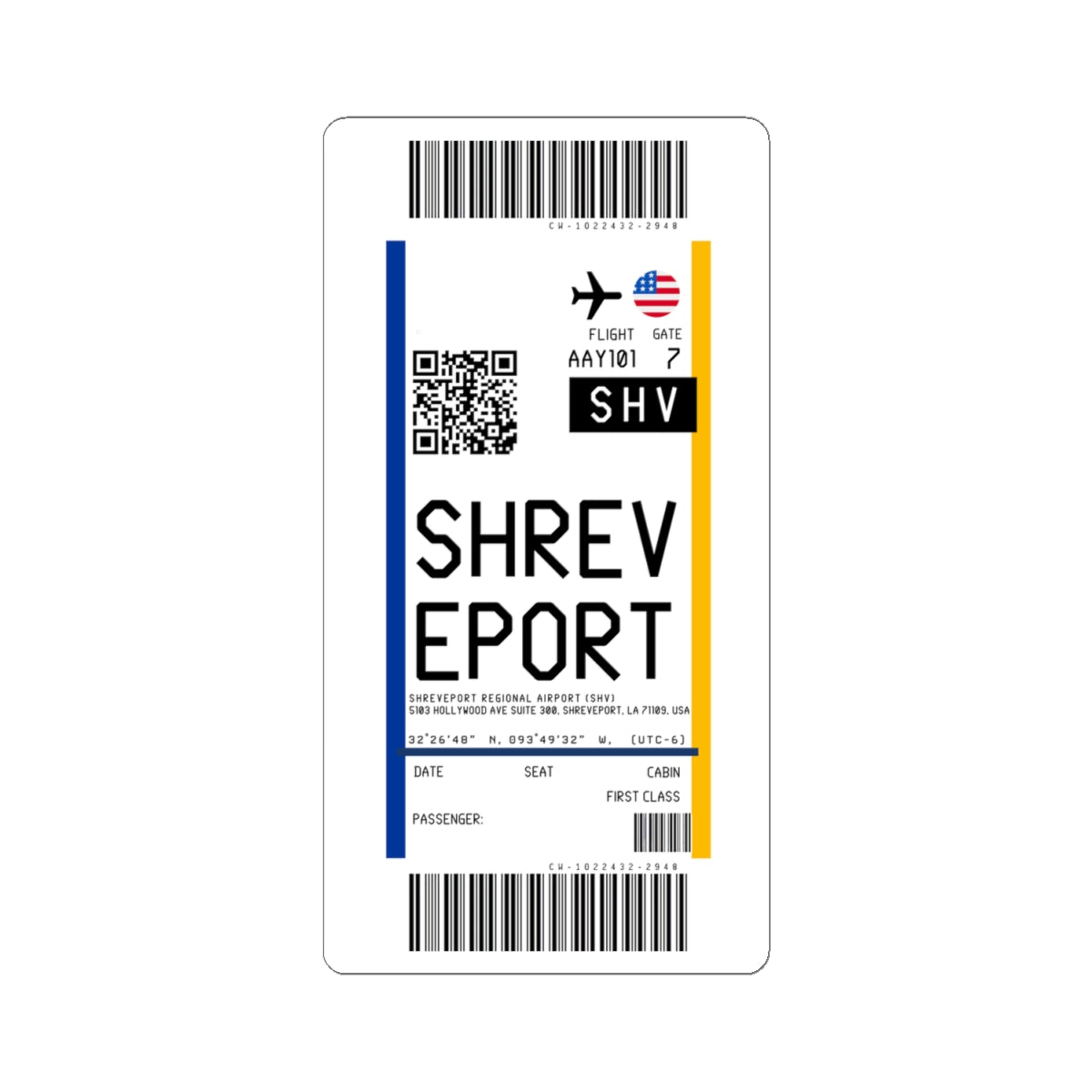 Shreveport Regional Airport (SHV) Boarding Pass Sticker — Travel Luggage Decal
