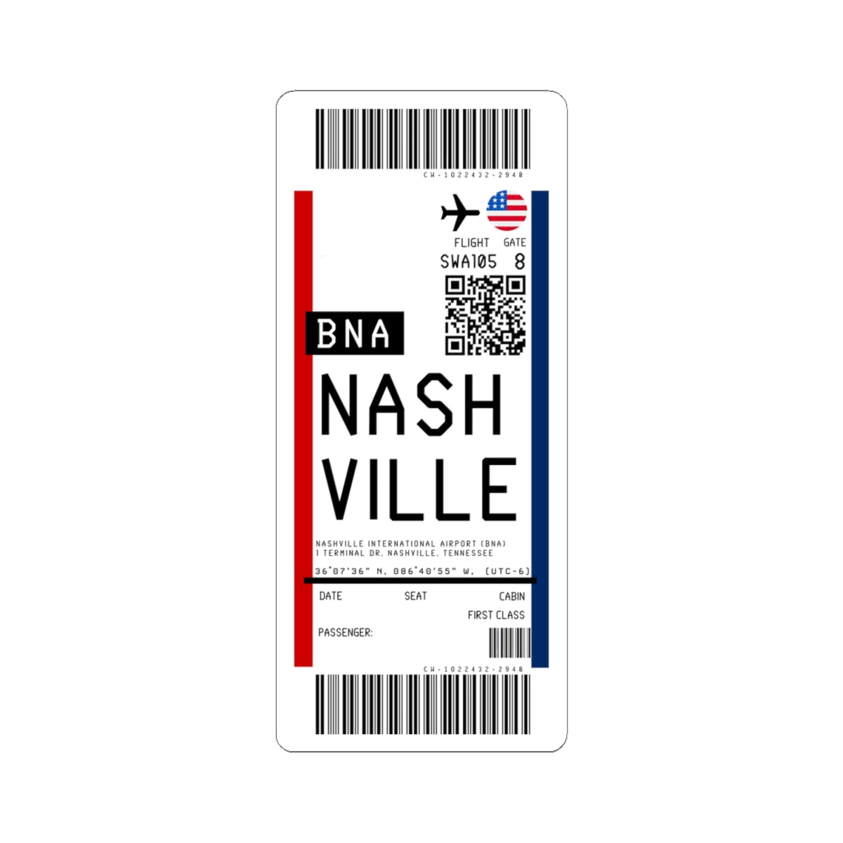 Nashville International Airport (BNA) Boarding Pass Sticker — Travel Luggage Decal