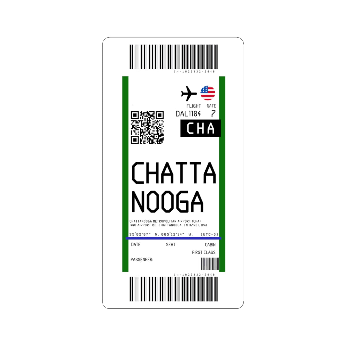 Chattanooga Metropolitan Airport (CHA) Boarding Pass Sticker — Travel Luggage Decal