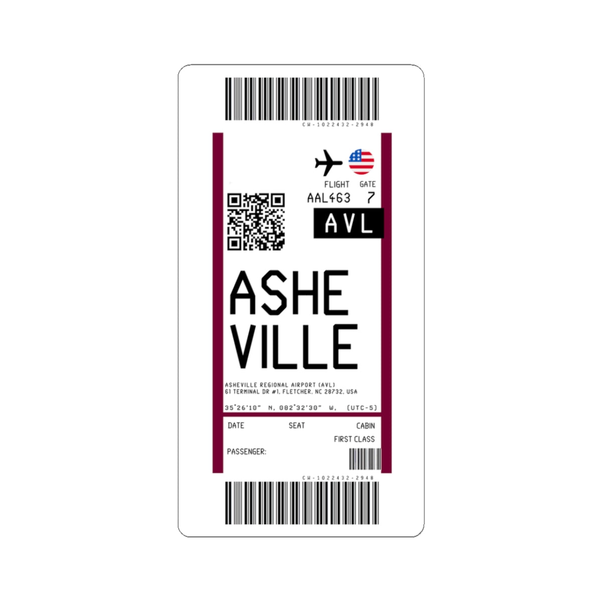 Asheville Regional Airport (AVL) Boarding Pass Sticker — Travel Luggage Decal
