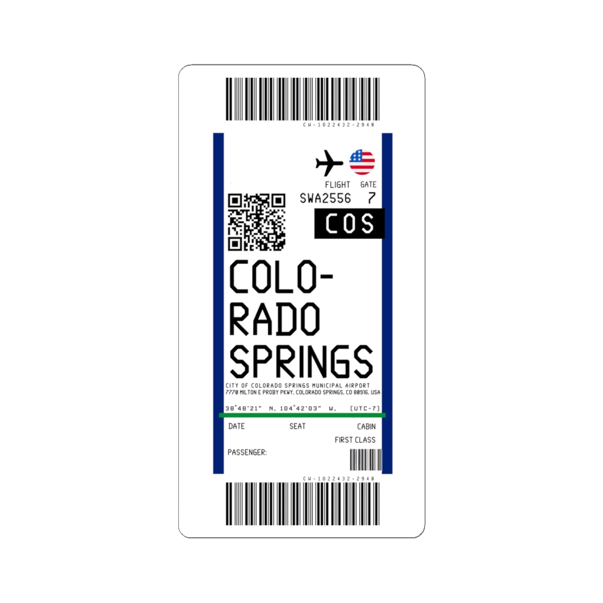 City of Colorado Springs Municipal Airport (COS) Boarding Pass Sticker — Travel Luggage Decal