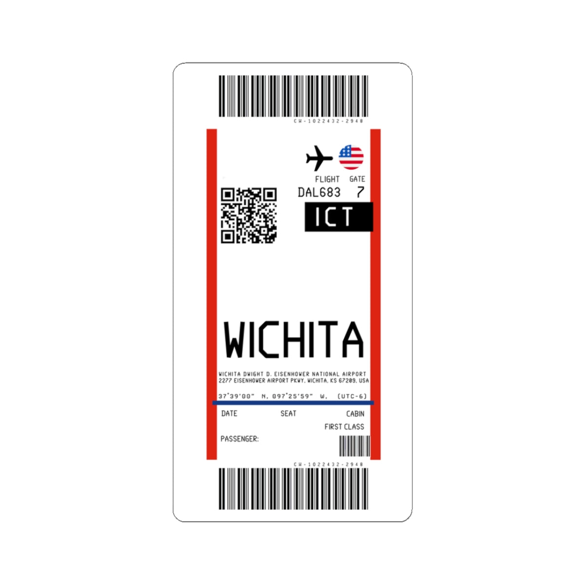 Wichita Dwight D. Eisenhower National Airport (ICT) Boarding Pass Sticker — Travel Luggage Decal