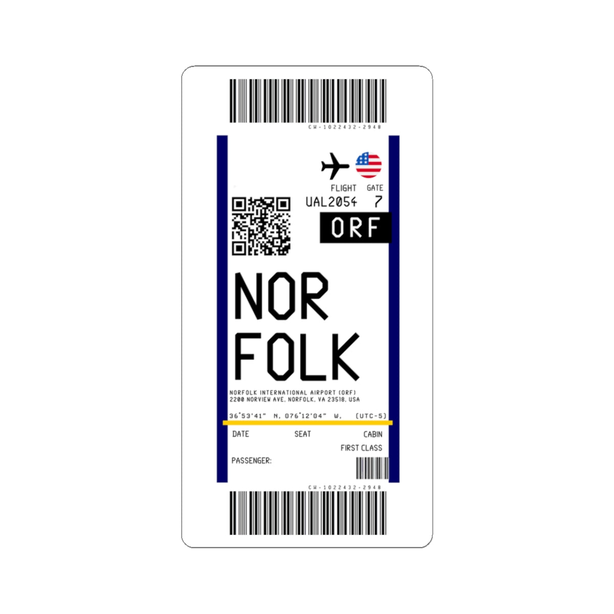 Norfolk International Airport (ORF) Boarding Pass Sticker — Travel Luggage Decal