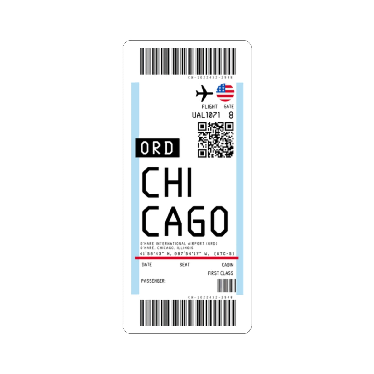 Chicago O'Hare International Airport (ORD) Boarding Pass Sticker — Travel Luggage Decal