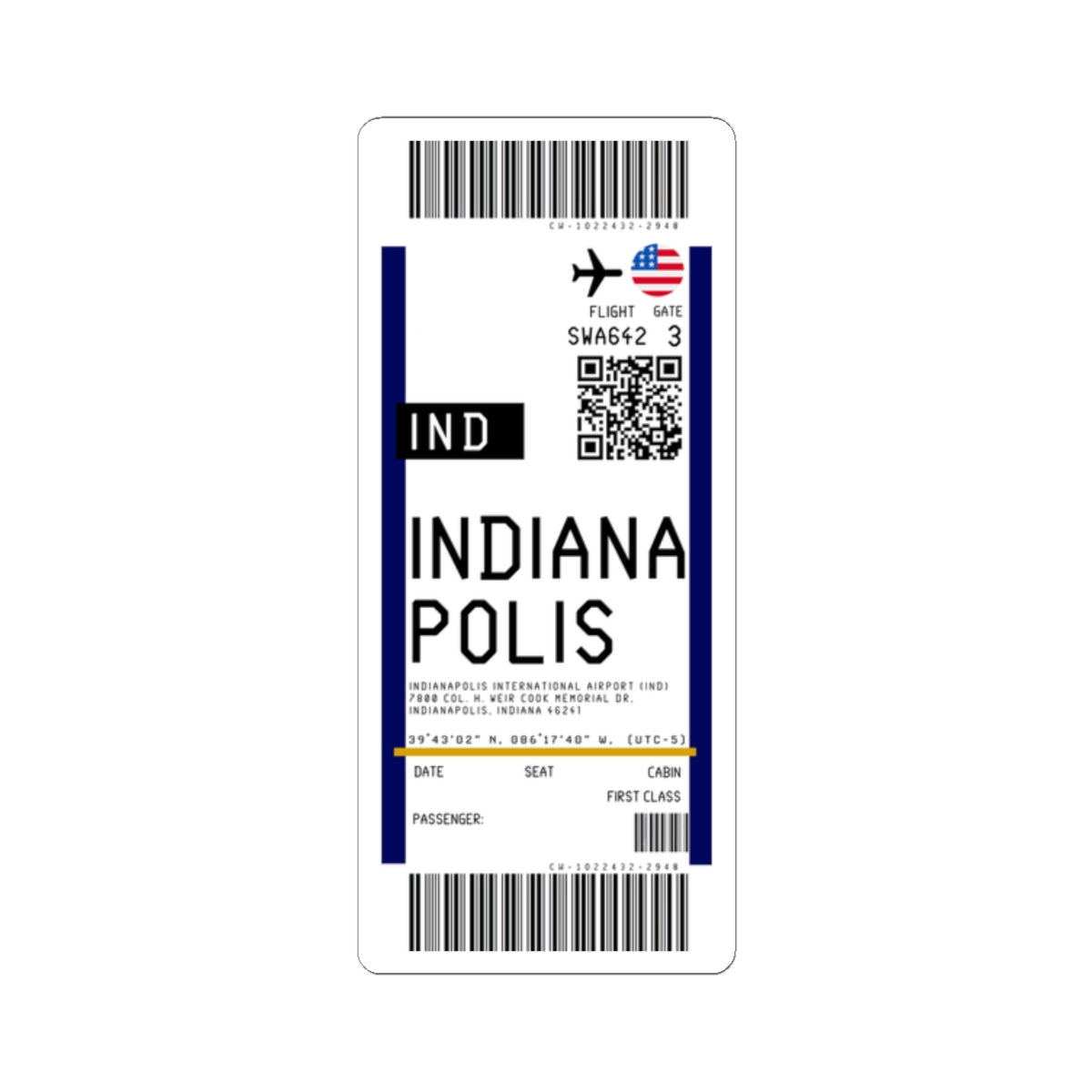 Indianapolis International Airport (IND) Boarding Pass Sticker — Travel Luggage Decal