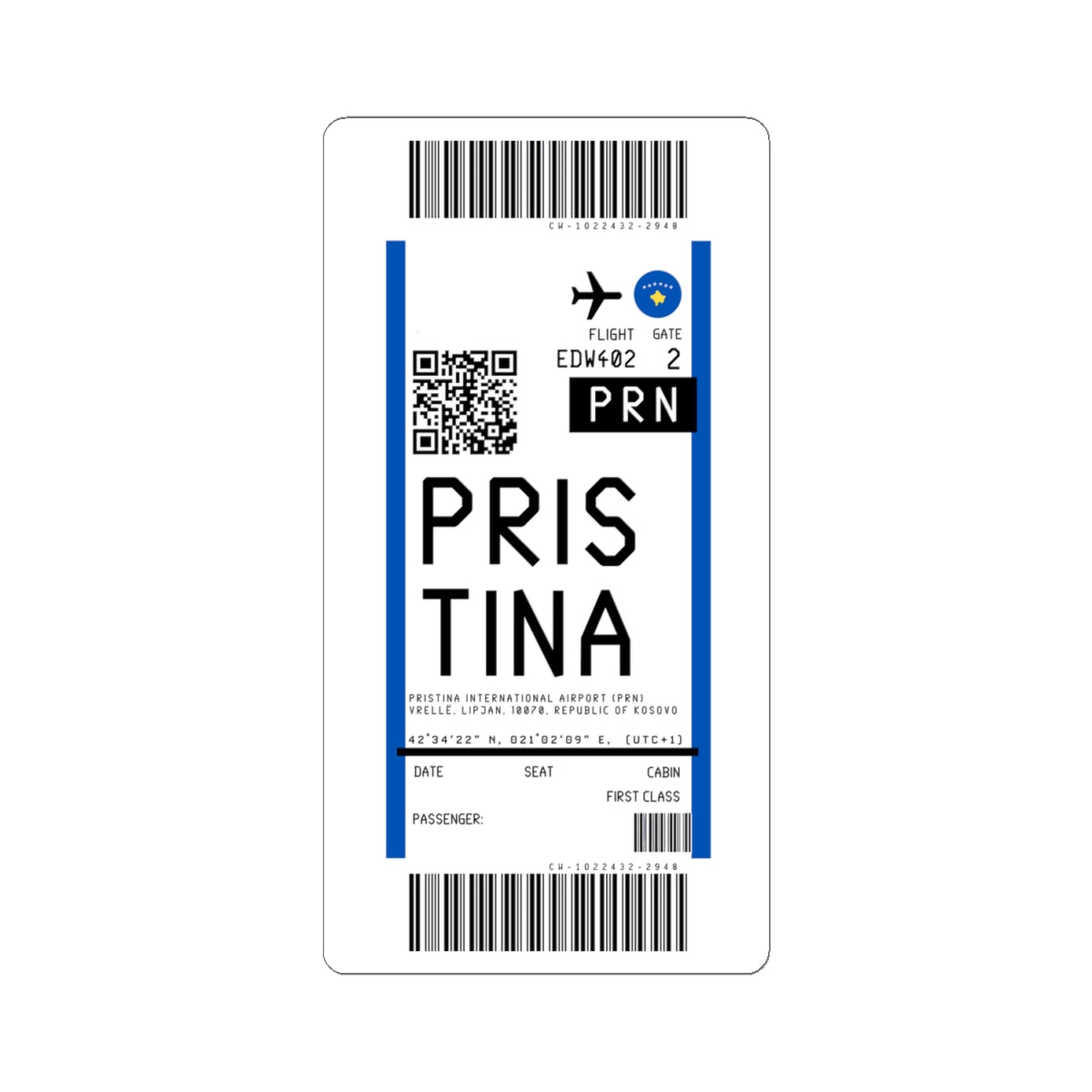 Pristina  Adem Jashari International Airport (PRN) Boarding Pass Sticker — Travel Luggage Decal