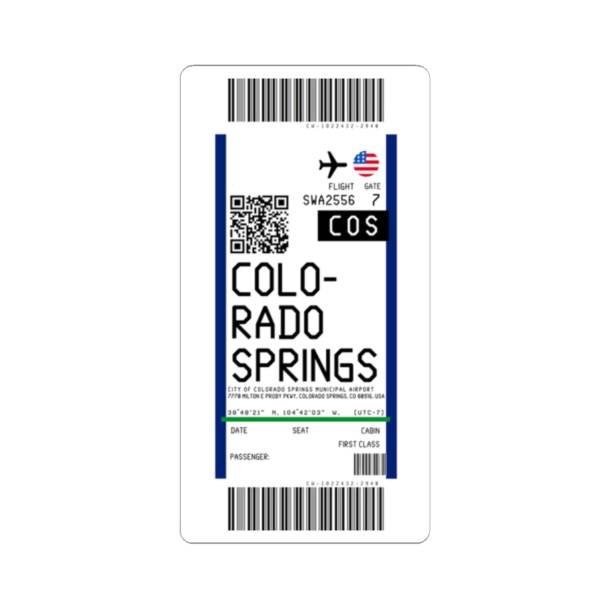 City of Colorado Springs Municipal Airport (COS) Boarding Pass Sticker — Travel Luggage Decal