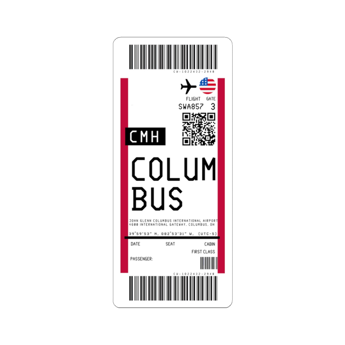 John Glenn Columbus International Airport (CMH) Boarding Pass Sticker — Travel Luggage Decal