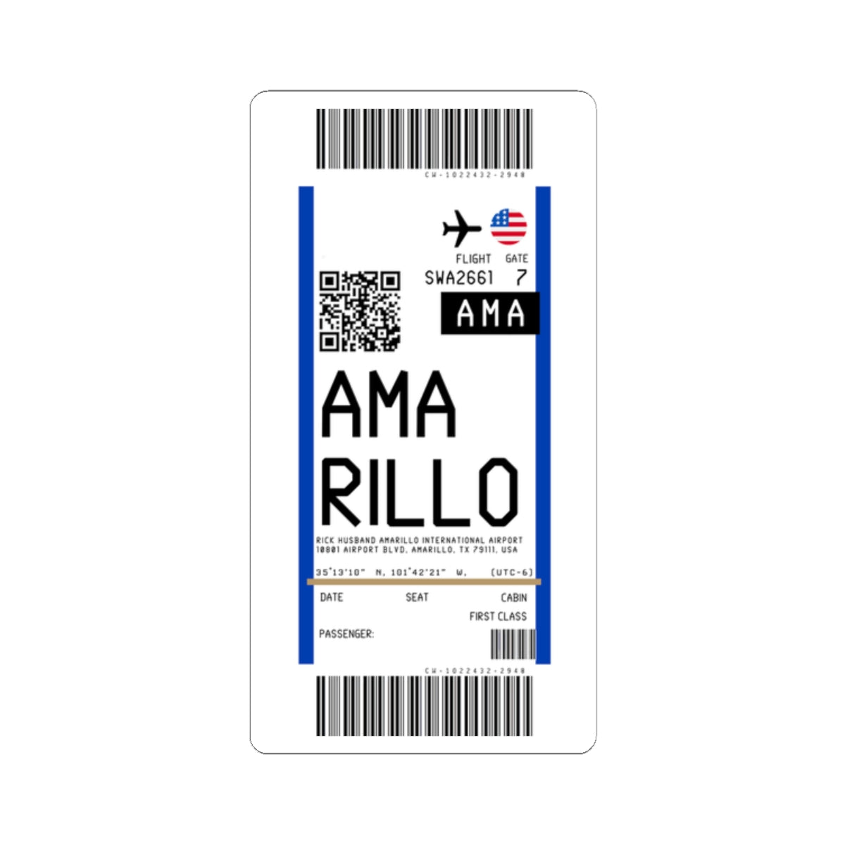 Rick Husband Amarillo International Airport (AMA) Boarding Pass Sticker — Travel Luggage Decal