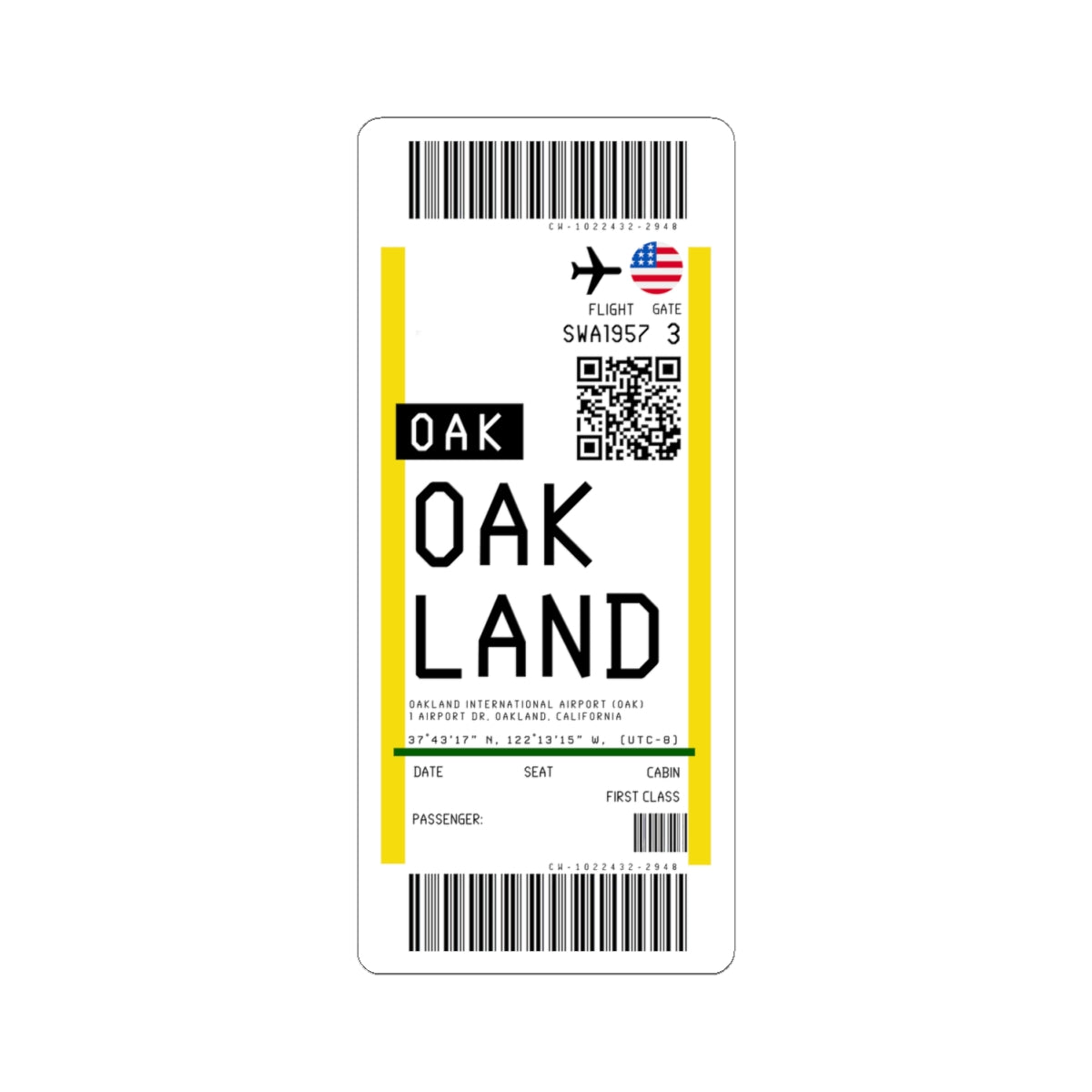 Oakland San Francisco Bay Airport (OAK) Boarding Pass Sticker — Travel Luggage Decal