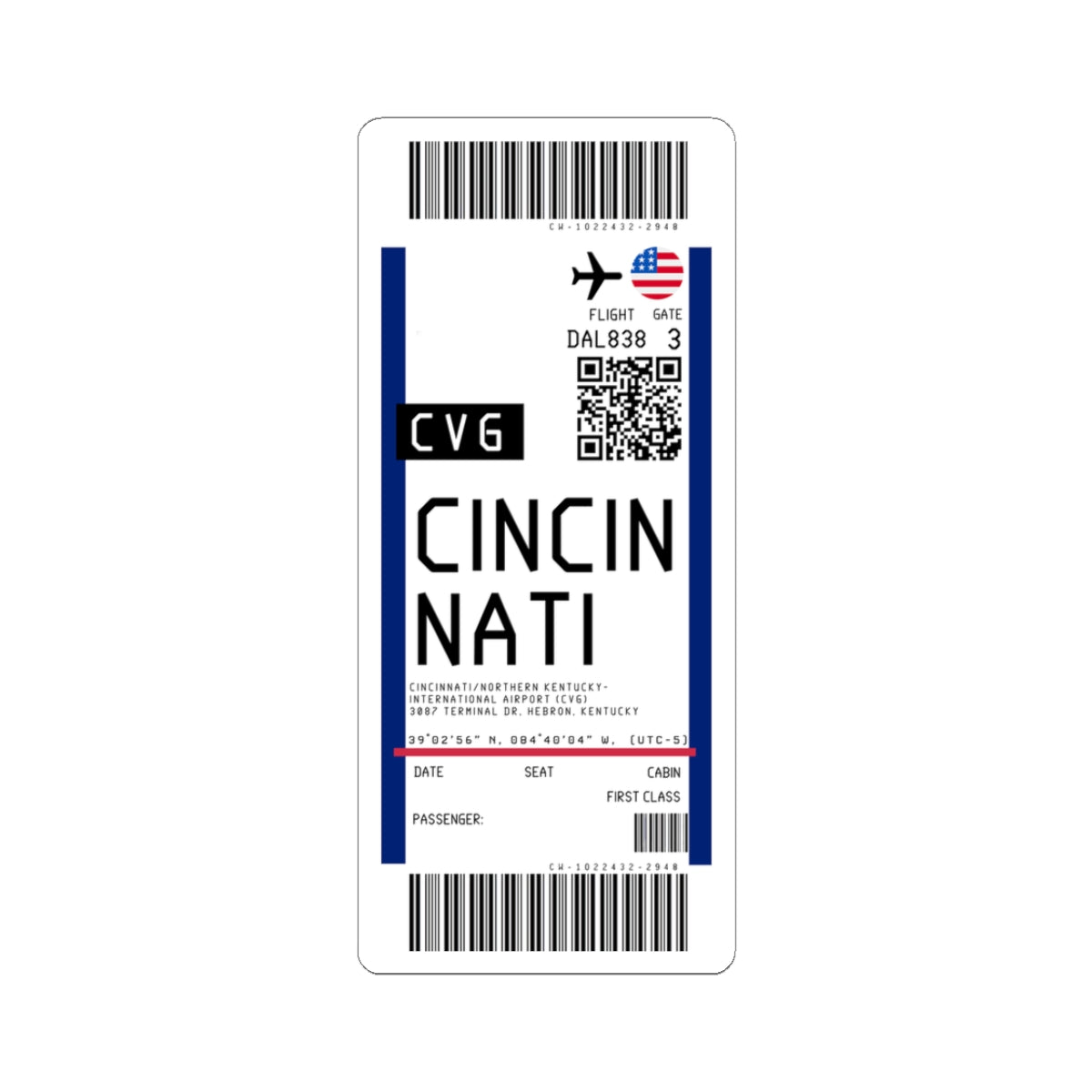 Cincinnati/Northern Kentucky International Airport (CVG) Boarding Pass Sticker — Travel Luggage Decal