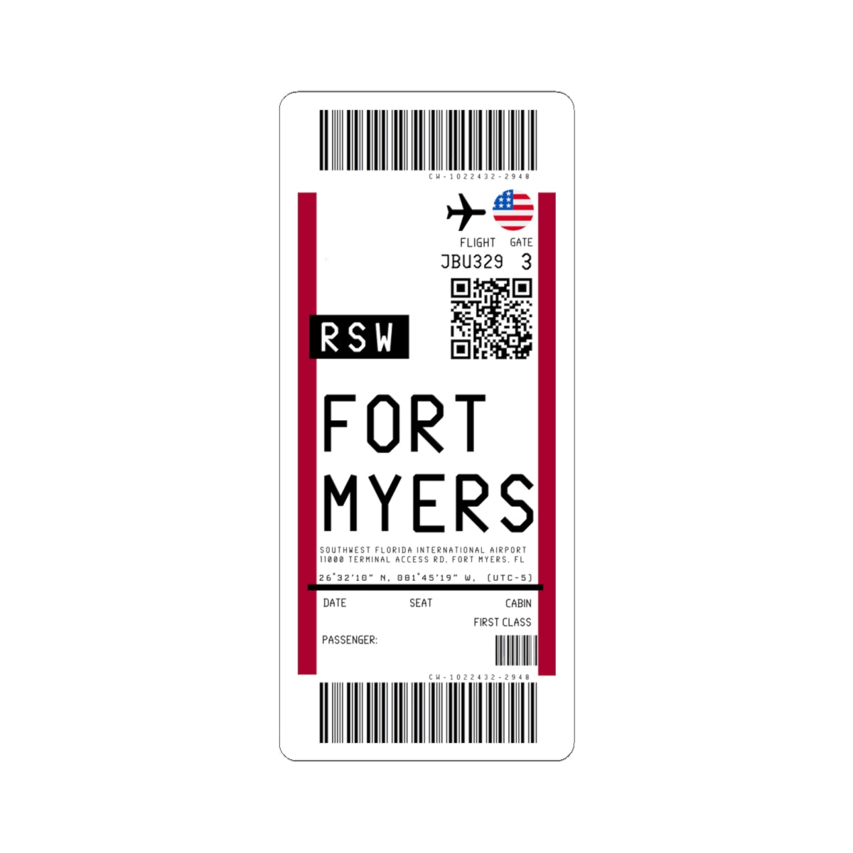 Southwest Florida International Airport (RSW) Boarding Pass Sticker — Travel Luggage Decal