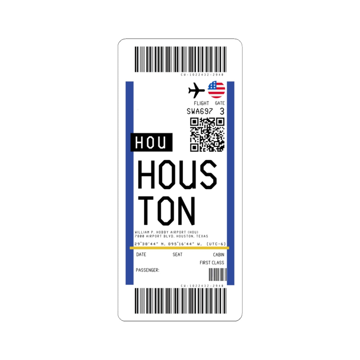 William P. Hobby Airport (HOU) Boarding Pass Sticker — Travel Luggage Decal