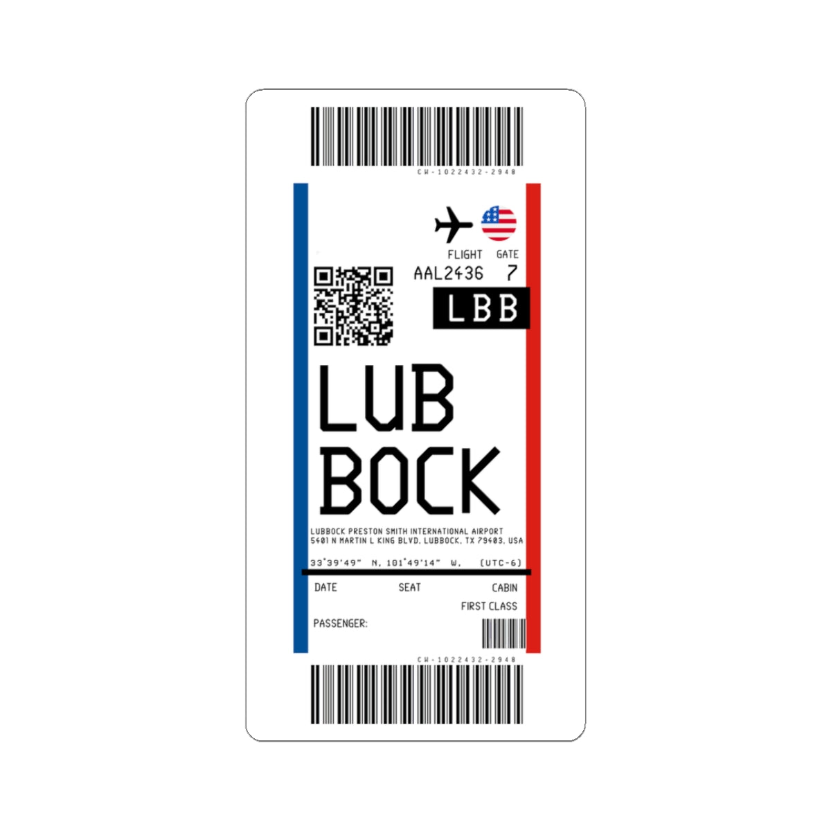 Lubbock Preston Smith International Airport (LBB) Boarding Pass Sticker — Travel Luggage Decal