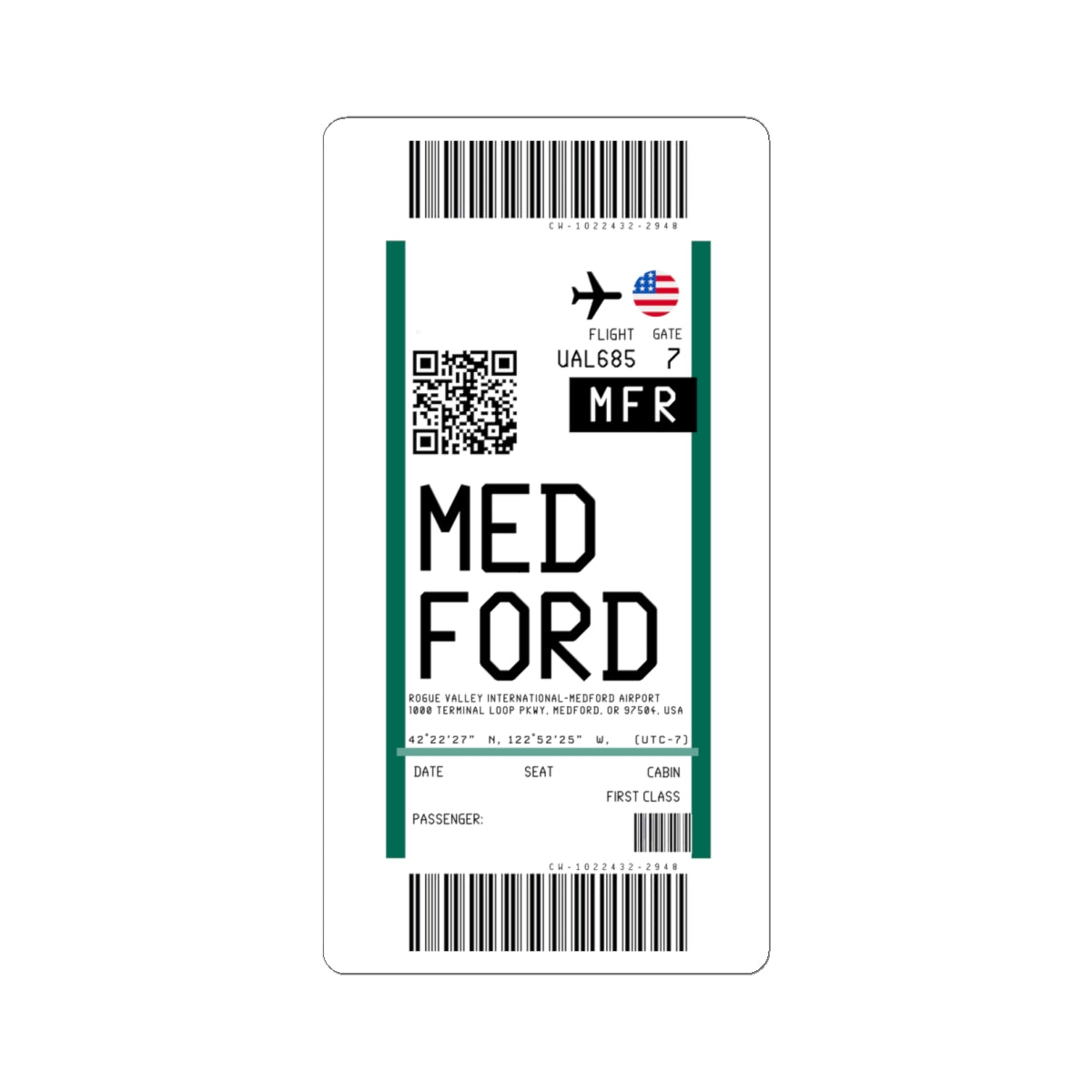 Rogue Valley International Medford Airport (MFR) Boarding Pass Sticker — Travel Luggage Decal