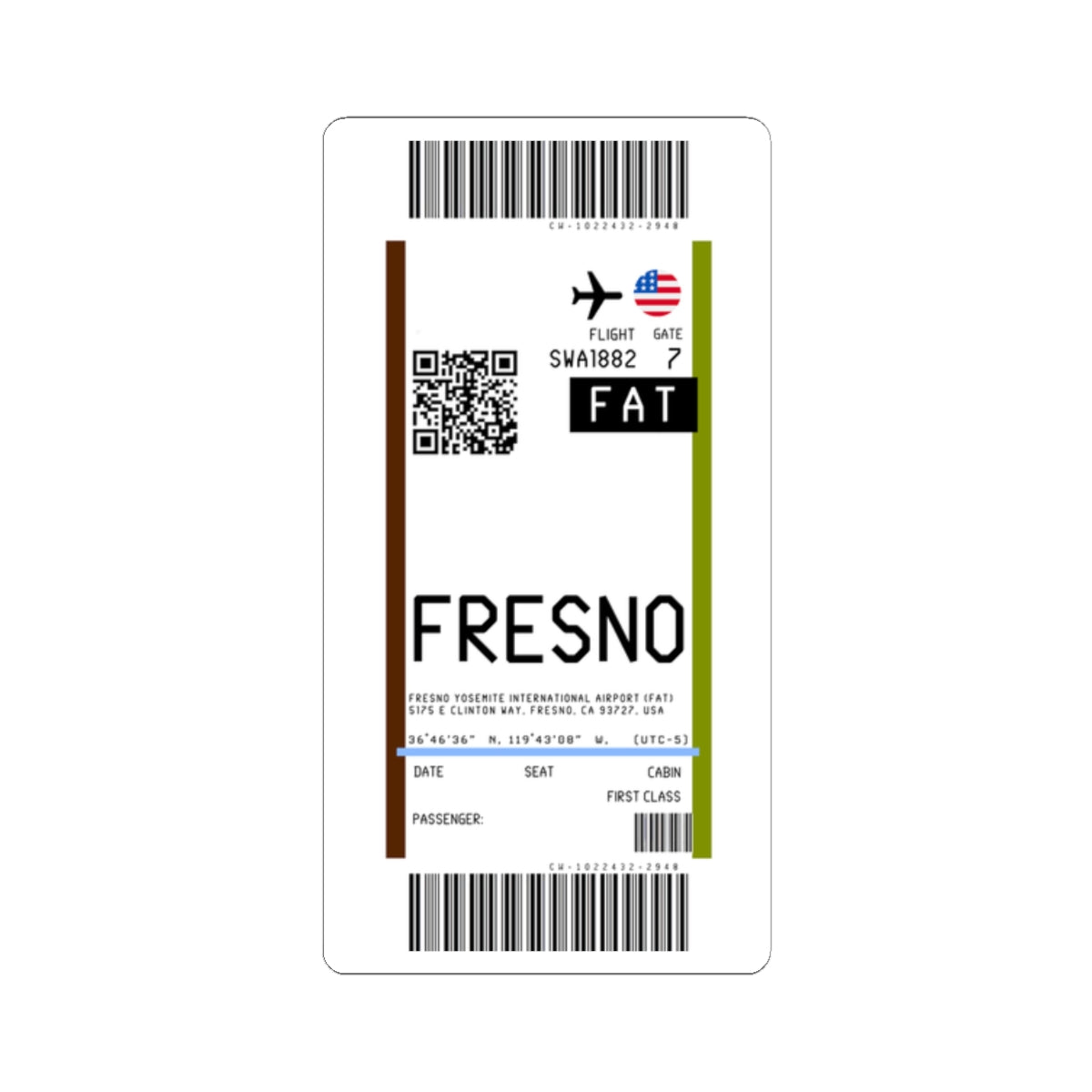 Fresno Yosemite International Airport (FAT) Boarding Pass Sticker — Travel Luggage Decal