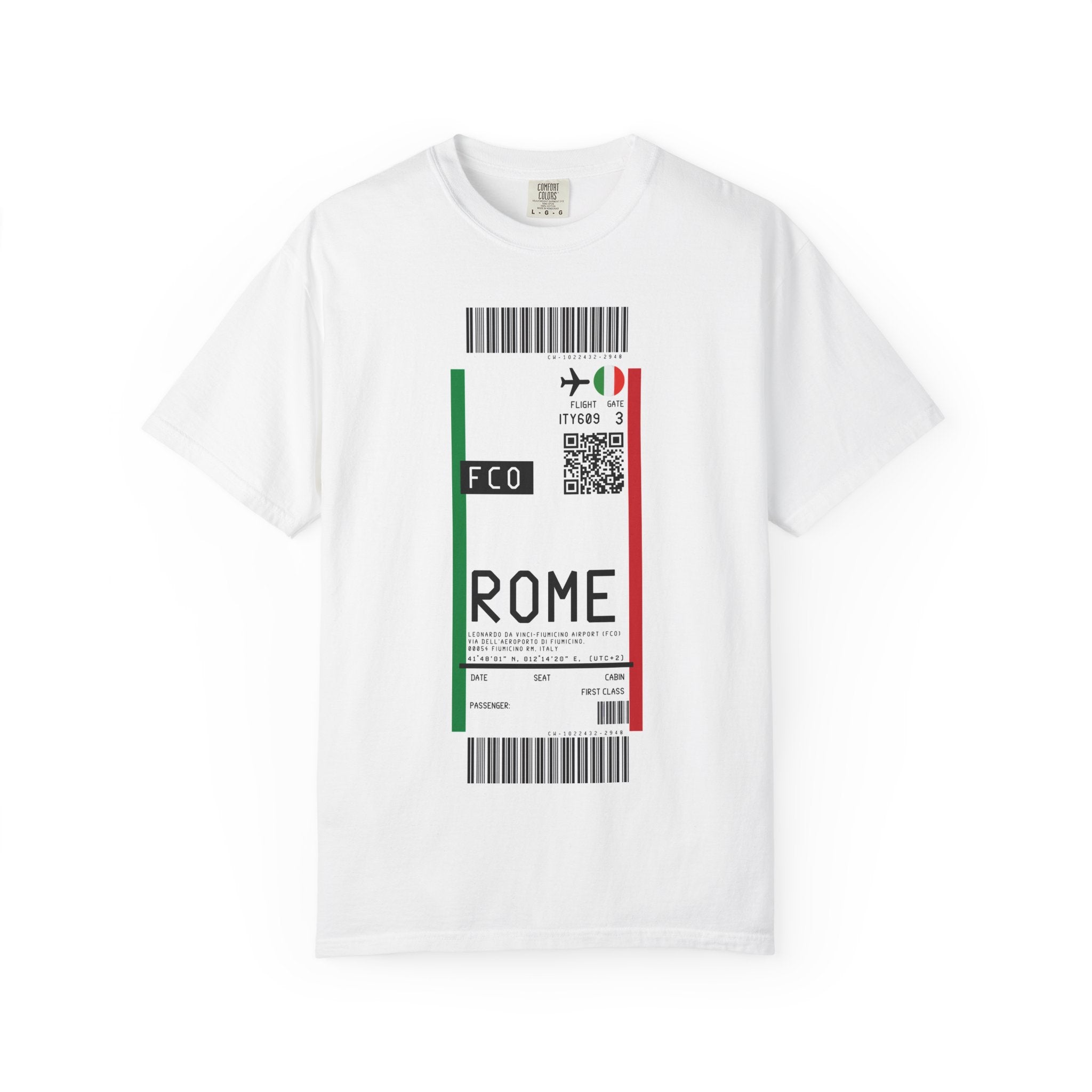 ROME - LEONARDO DA VINCI-FIUMICINO AIRPORT (FCO) Boarding - Pass White T‑Shirt - First Class Airport Ticket Travel