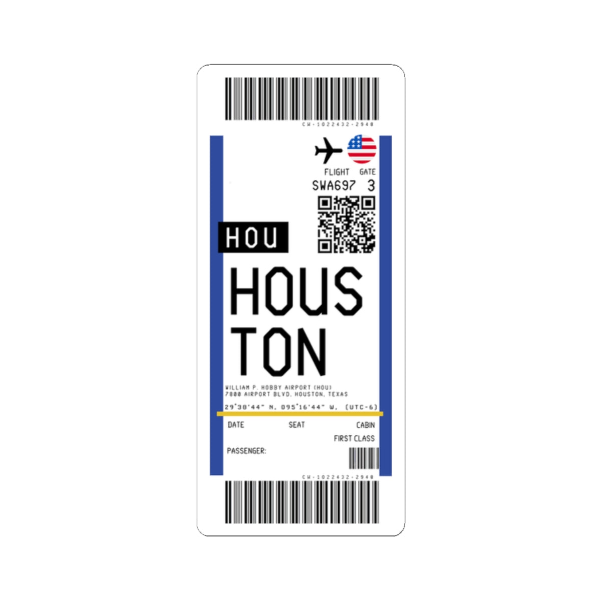 William P. Hobby Airport (HOU) Boarding Pass Sticker — Travel Luggage Decal