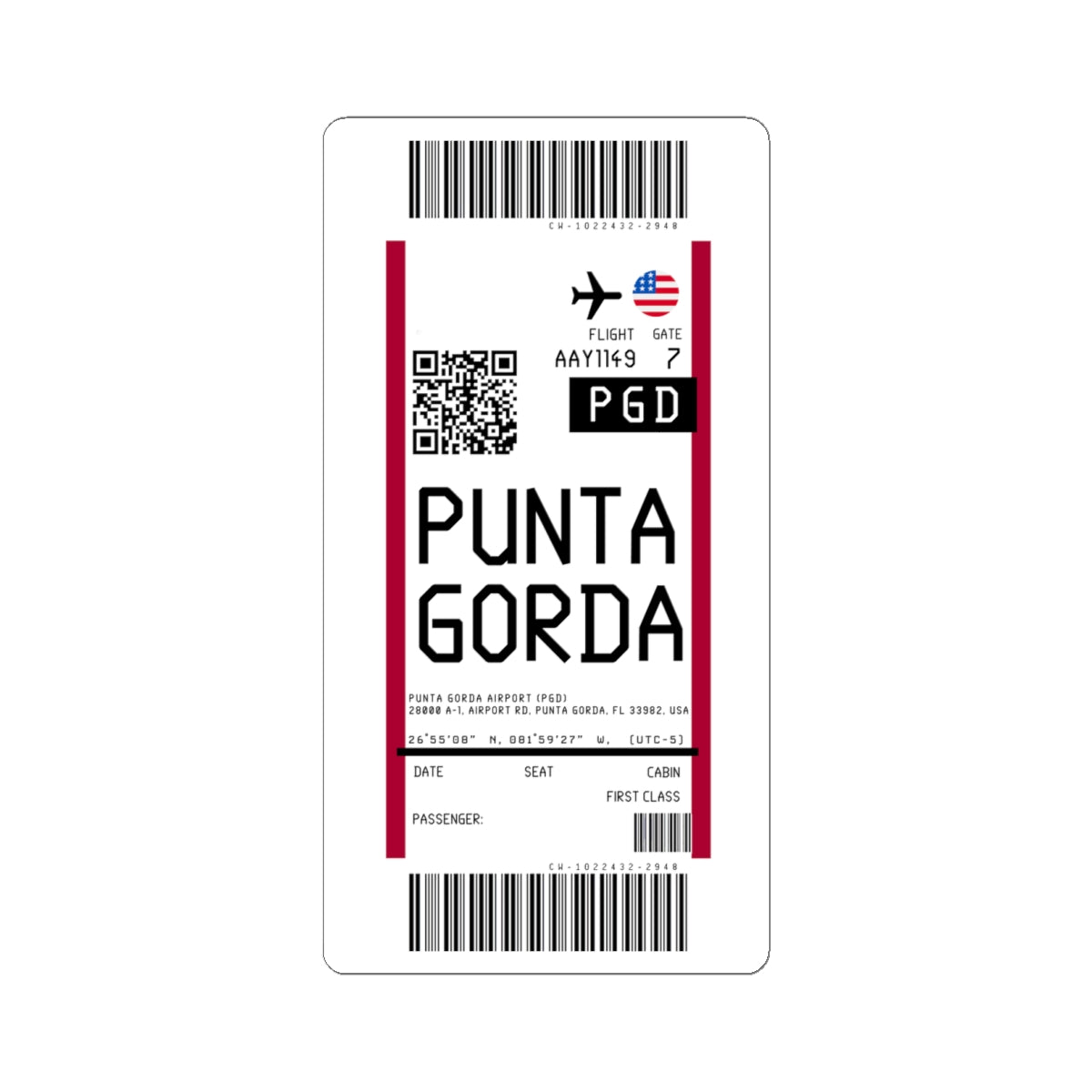 Punta Gorda Airport (PGD) Boarding Pass Sticker — Travel Luggage Decal