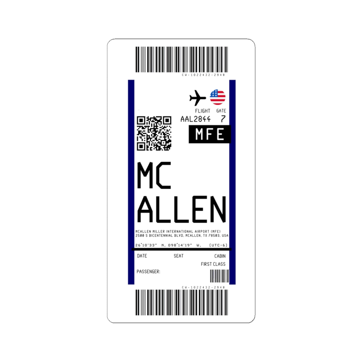 McAllen Miller International Airport (MFE) Boarding Pass Sticker — Travel Luggage Decal