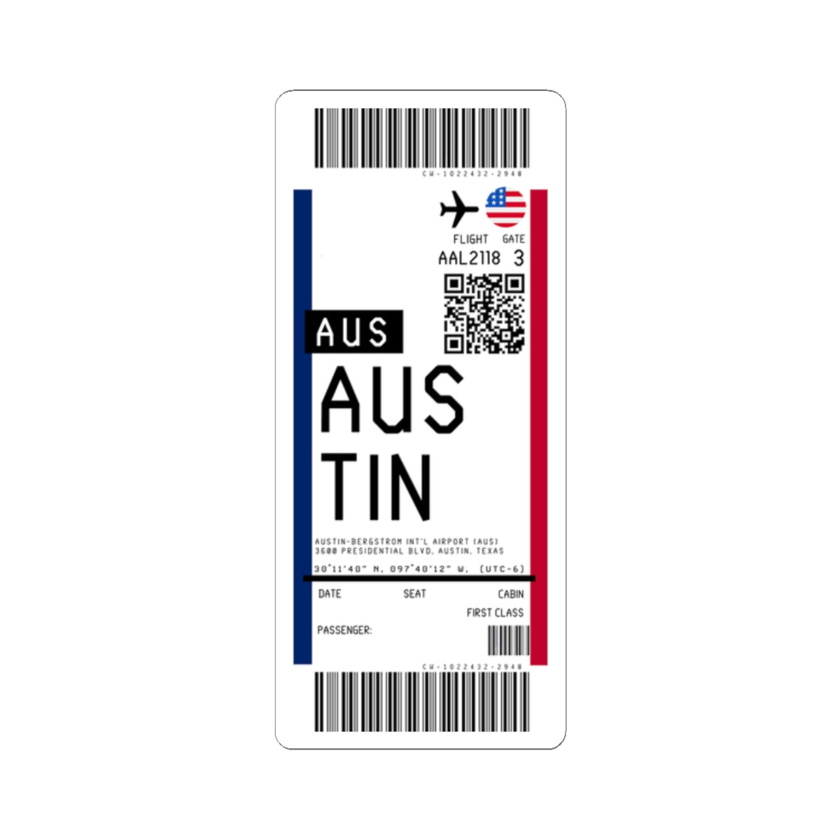 Austin-Bergstrom International Airport (AUS) Boarding Pass Sticker — Travel Luggage Decal