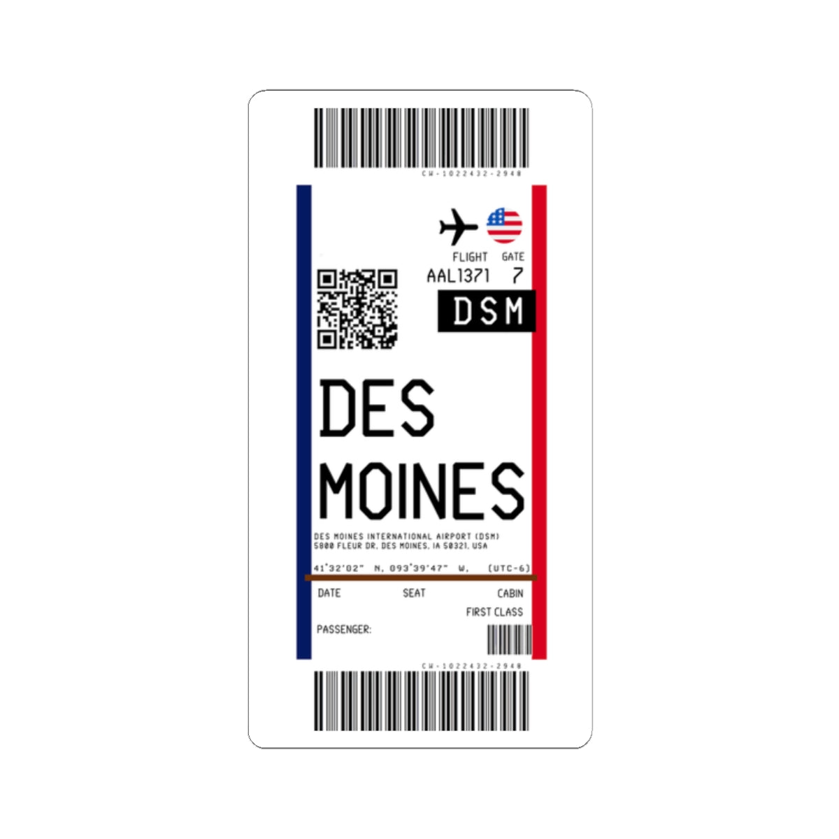 Des Moines International Airport (DSM) Boarding Pass Sticker — Travel Luggage Decal