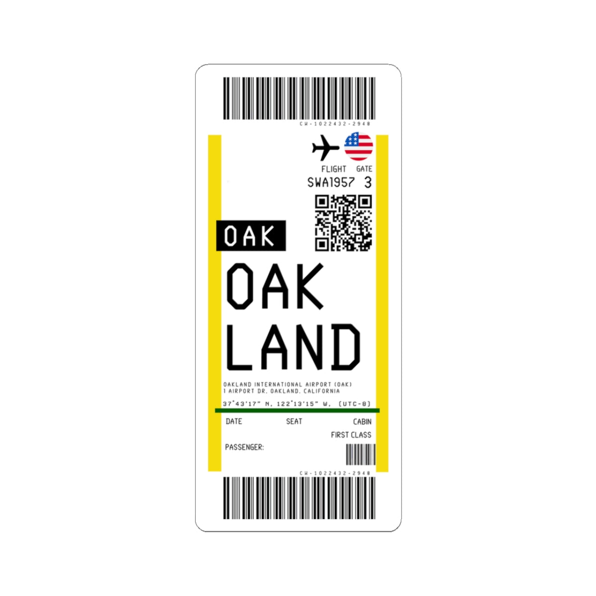 Oakland San Francisco Bay Airport (OAK) Boarding Pass Sticker — Travel Luggage Decal