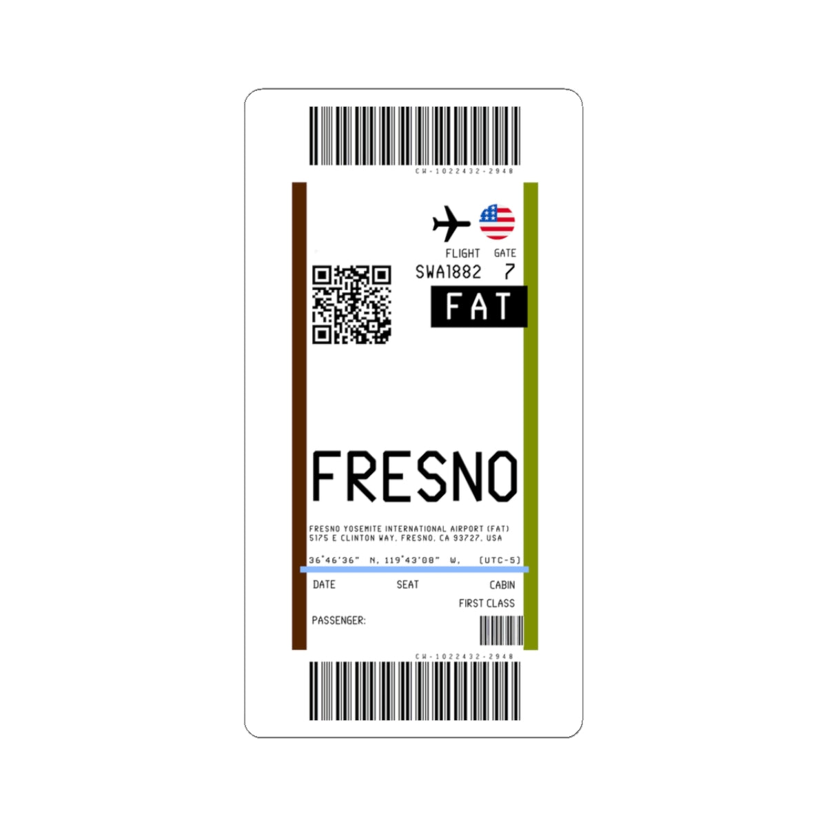 Fresno Yosemite International Airport (FAT) Boarding Pass Sticker — Travel Luggage Decal