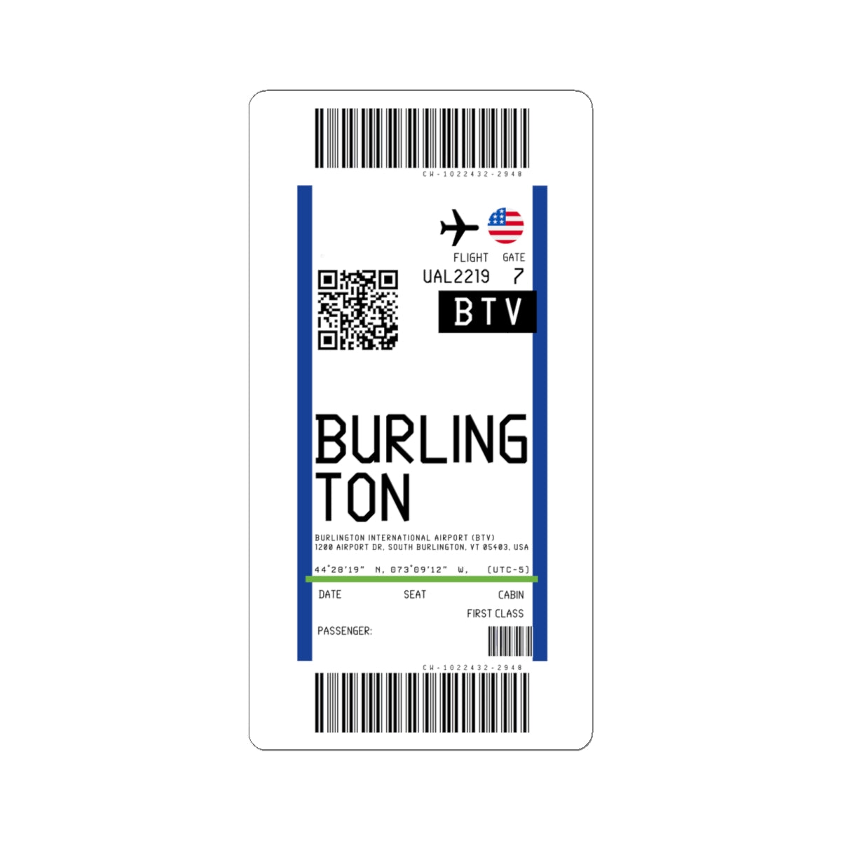Patrick Leahy Burlington International Airport  (BTV) Boarding Pass Sticker — Travel Luggage Decal