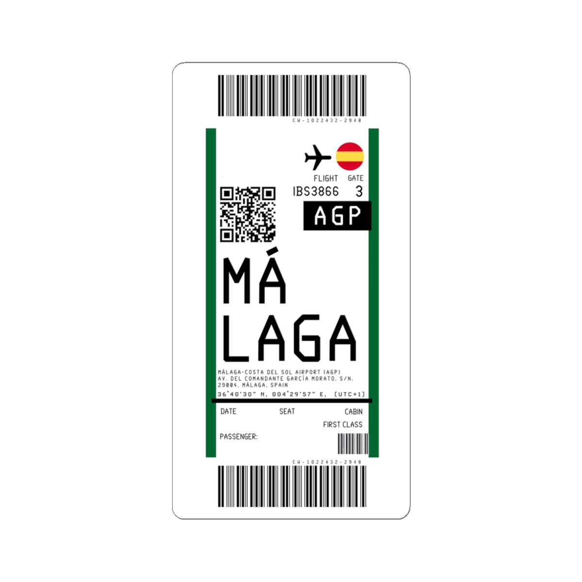 Málaga-Costa del Sol Airport (AGP) Boarding Pass Sticker — Travel Luggage Decal