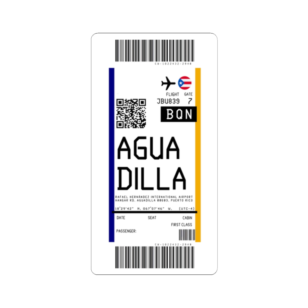 Rafael Hernández International Airport (BQN) Boarding Pass Sticker — Travel Luggage Decal