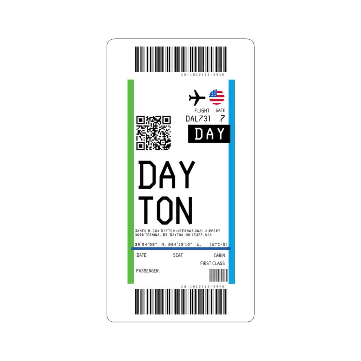 Dayton International Airport (DAY) Boarding Pass Sticker — Travel Luggage Decal