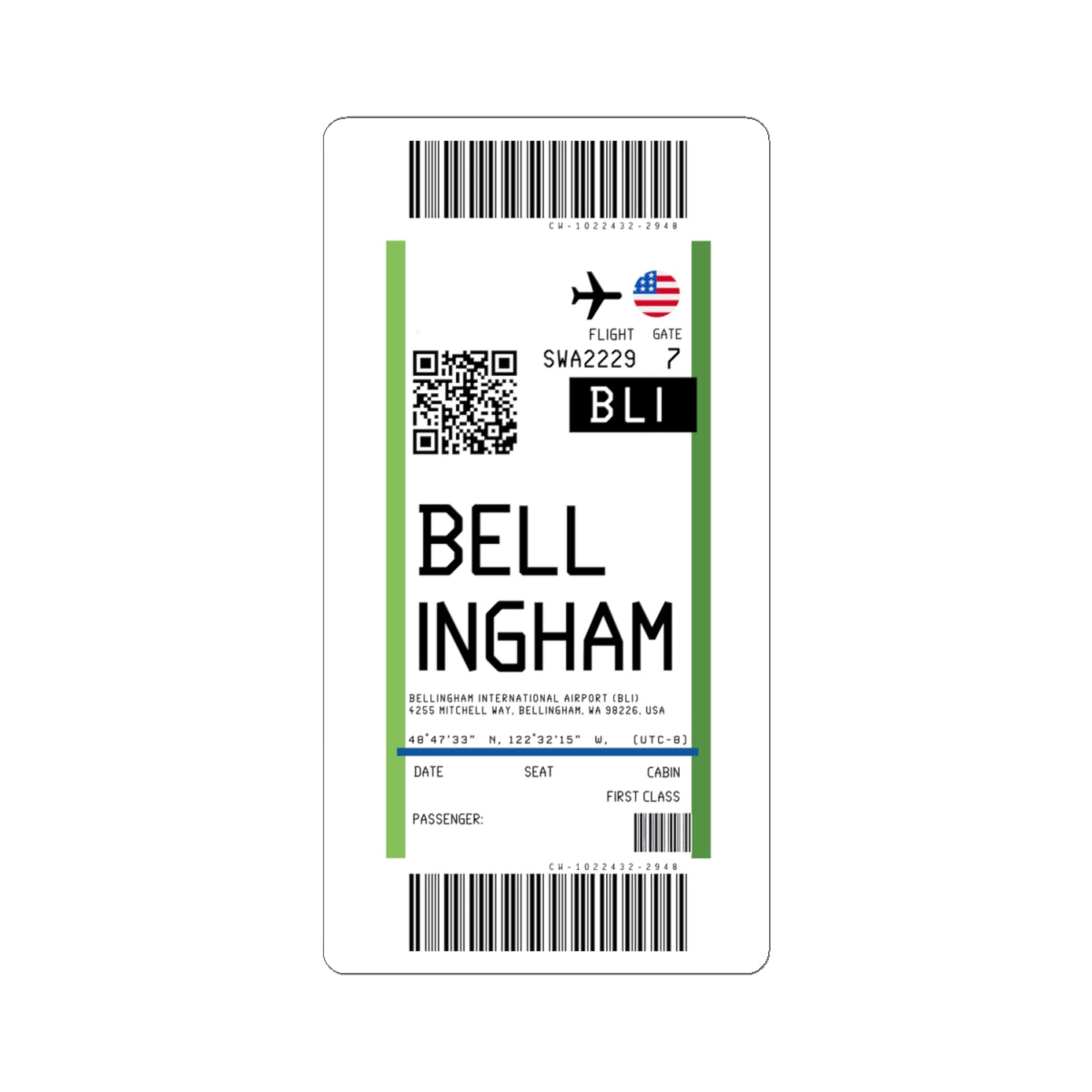 Bellingham International Airport (BLI) Boarding Pass Sticker — Travel Luggage Decal